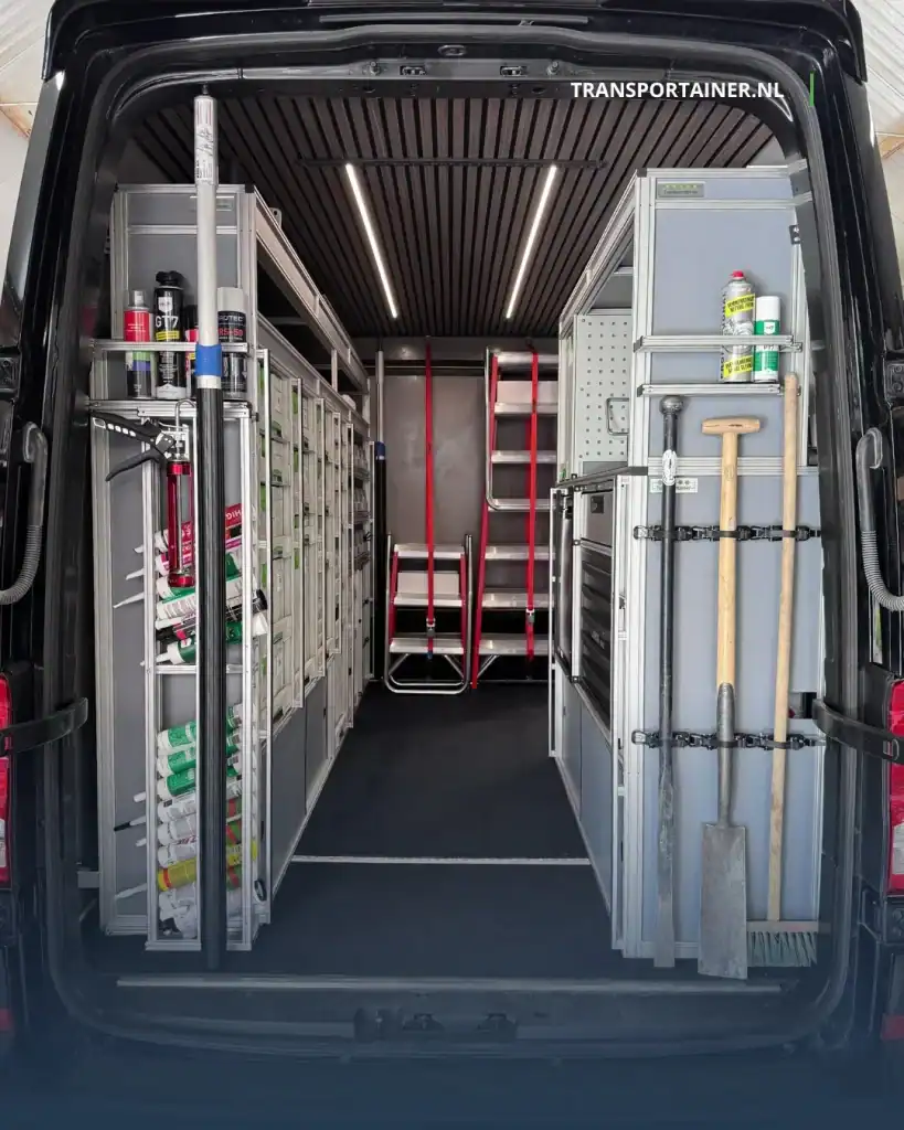 Transportainer bedrijfswageninrichting van aluminium met Festool lades ingebouwd